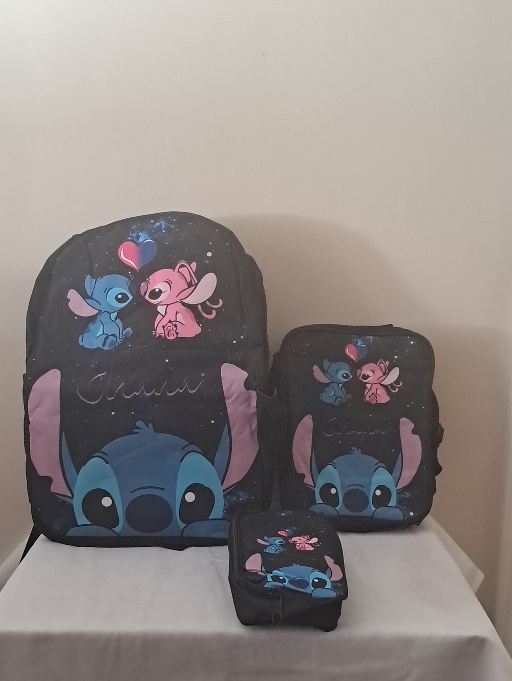 Stitch & Angel Kids Backpack Set - Black with Blue & Pink